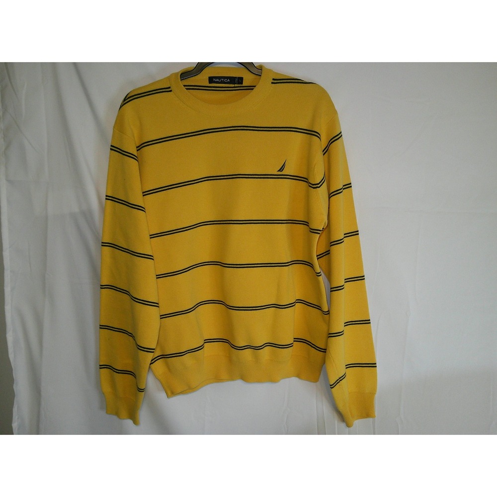 Nautica Striped Sweater Mens Yellow Black Long Sleeve‎ Casual Knit Top Large